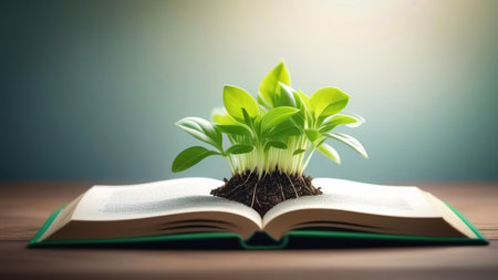 A green sprout grows from an open book. Knowledge concept.の素材