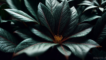 Dark green leaves textured in relief.の素材