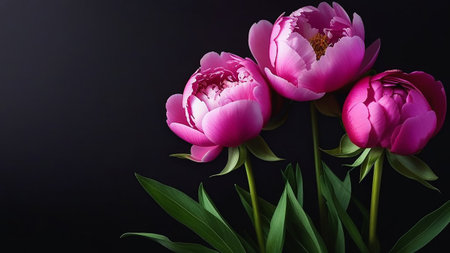 Buds of pink peonies on a black background.の素材