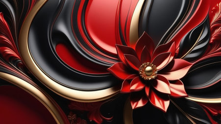 The voluminous flower is made of black and red gold with abstract swirls.の素材