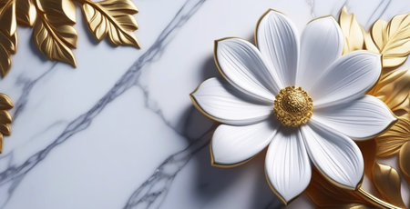 White 3D flower on a white marble background with gold.の素材