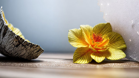Yellow flower bud on a concrete wall background with copy space.の素材