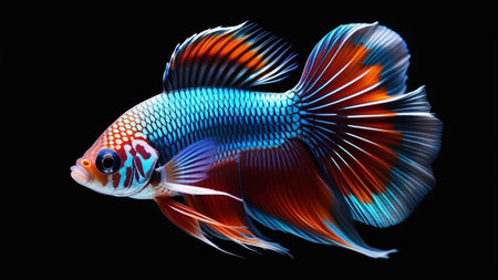 Siamese fish with a bright tail on a black background.の素材