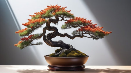 Coniferous ikebana on a gray background with rays of light.の素材