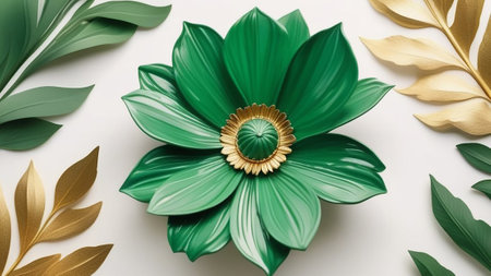 Decorative green and gold voluminous flower with leavesの素材