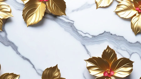Gold leaves on a white marble background.の素材