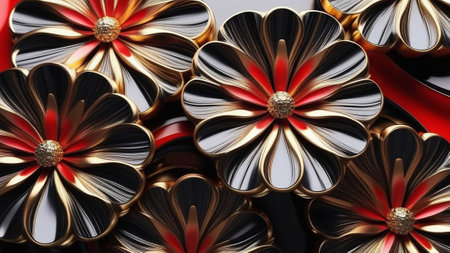 The voluminous flower is made of black and red gold with abstract swirls.の素材