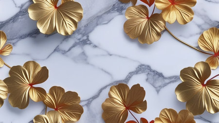 Gold leaves on a white marble background.の素材