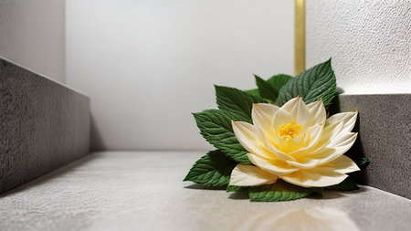 Yellow flower bud on a concrete wall background with copy space.の素材