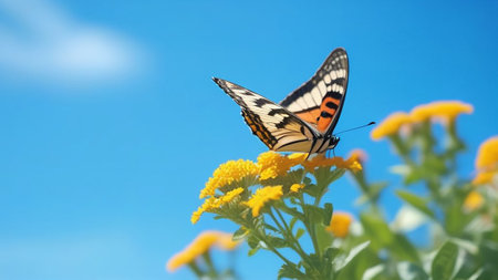 Butterfly on a yellow flower against a blue sky.の素材