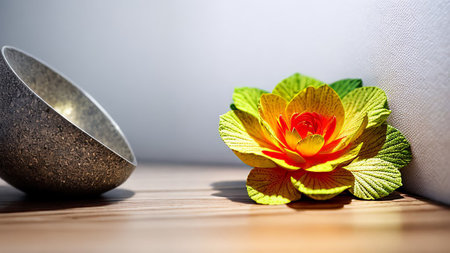 Yellow flower on a wooden table.の素材