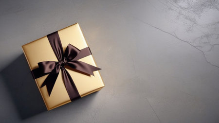 Golden gifts on a gray marble background with rays of light.の素材