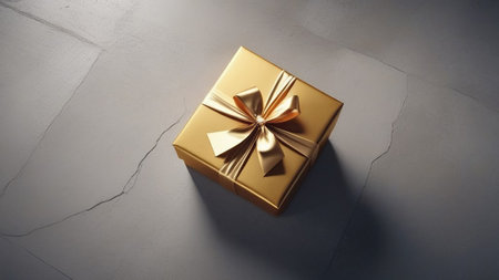 Golden gifts on a gray marble background with rays of light.の素材