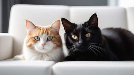 Two cats are resting on a white sofa.の素材