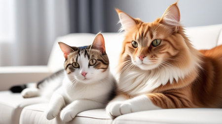 Two cats are resting on a white sofa.の素材