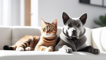 Cat and dog on a white sofa.の素材