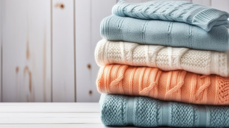 Stack of knitted sweaters on a white wooden background.の素材