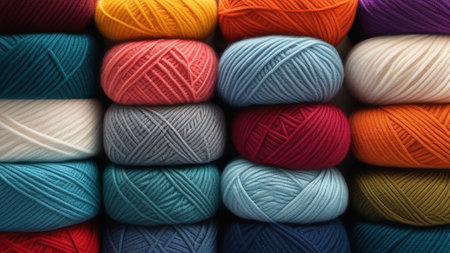 Skeins of multi-colored wool for the background.の素材