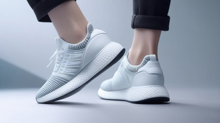 White sports stylish sneakers on a light background.の素材