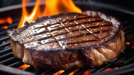 Beef steak cooked over fire with rosemary and spices.の素材