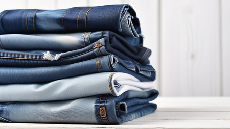 Stack of denim clothes on white wooden background.の素材