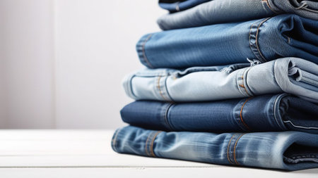 Stack of denim clothes on white wooden background.の素材