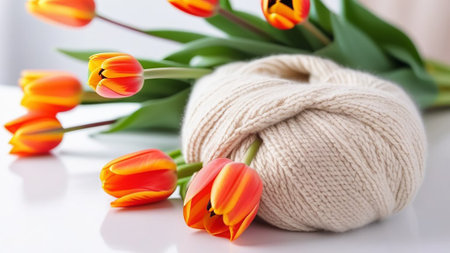 A beige skein of wool with orange tulips on a white table.の素材