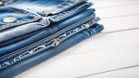 Stack of denim clothes on white wooden background.の素材