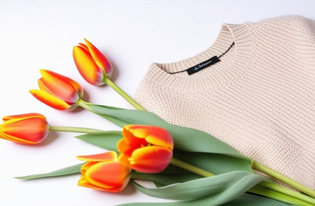 Beige knitted sweater with orange tulips on a white table.の素材