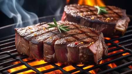 Beef steak cooked over fire with rosemary and spices.の素材