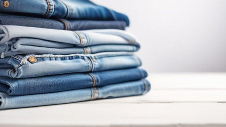 Stack of denim clothes on white wooden background.の素材