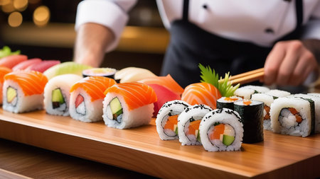 A sushi man prepares rolls in a restaurant.の素材