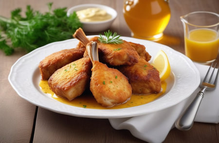 Fried leg of meat in batter on a white plate.の素材