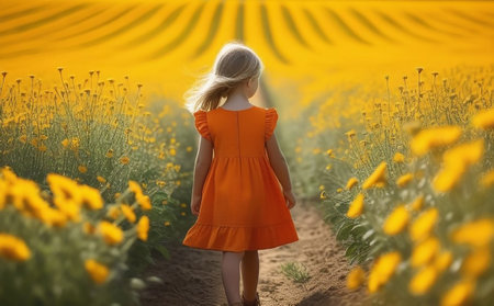 A girl in a yellow dress in a yellow field.の素材