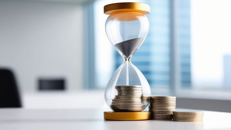 Hourglass on a white table with coins in a bright office.の素材