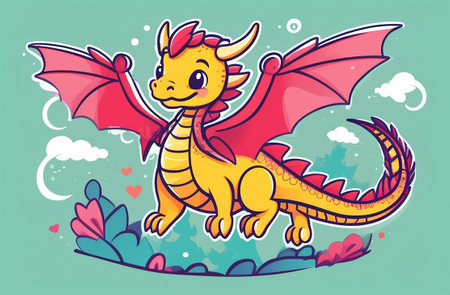 Illustration of a bright dragon smiling.の素材
