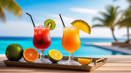 Cocktail with fruits against the background of the sea.の素材