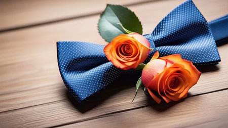 Bow tie with orange rose on a wooden table.の素材