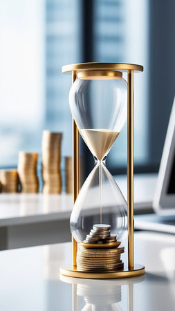 Hourglass on a white table with coins in a bright office.の素材