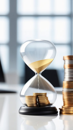 Hourglass on a white table with coins in a bright office.の素材