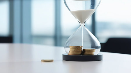 Hourglass on a white table with coins in a bright office.の素材