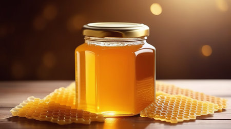 A jar of honey with honeycombs.の素材