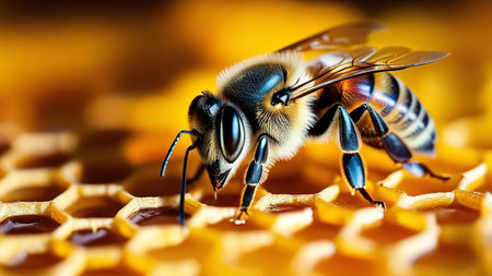 Macro shot of a bee sitting on a honeycomb.の素材
