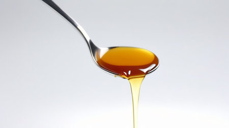 Spoon with honey on a light background.の素材