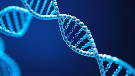DNA strand on a blue background.の素材