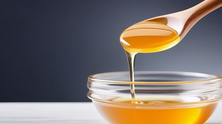 Honey drips from a spoon into a transparent bowl.の素材