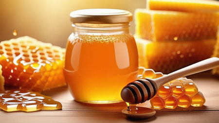 A jar of honey with honeycombs.の素材