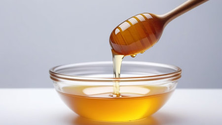 Honey drips from a spoon into a transparent bowl.の素材