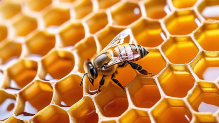 Macro shot of a bee sitting on a honeycomb.の素材