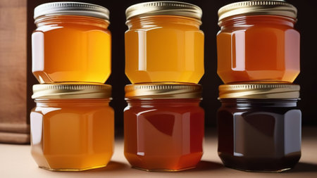 Jars of honey on a wooden table.の素材